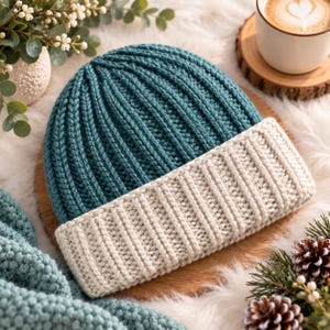 Puede incluir: Un gorro de punto bicolor que presenta una corona de color verde azulado profundo con una textura acanalada vertical y un borde ancho doblado de color crema en contraste. El gorro está tejido con lana gruesa y un patrón uniforme.