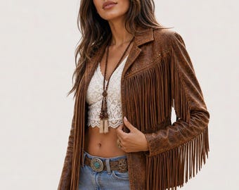 Women's Brown Suede Fringe Jacket – 1970s Boho Western Leather Cowgirl Style,