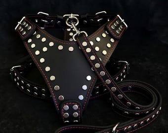 Black Leather Studded Dog Harness & Leash Set –100% Handmade Genuine Leather -Adjustable Fit
