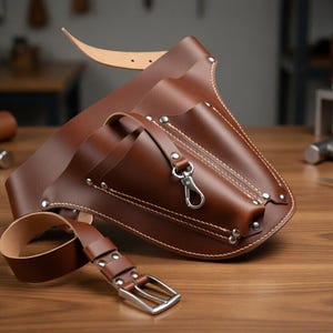 May include: A brown leather tool belt with two pouches, a belt, and a silver-colored clasp. The belt is designed to be worn around the waist. The tool belt is likely for a carpenter or craftsman.
