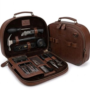 May include: A brown leather tool kit with a handle, open to reveal various tools. The tools include a screwdriver, utility knife, hammer, spirit level, tape measure, and screwdriver bits. A second closed tool kit is visible.