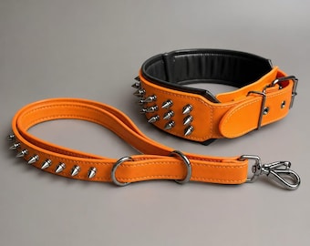 Orange Spiked Faux Leather Dog Collar & Leash Set – Punk  Studded ,heavy walk duty