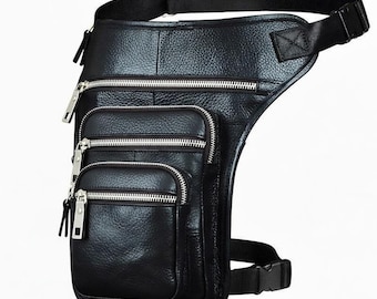 Riñonera de piel negra para motociclista: riñonera unisex multiusos con múltiples cremalleras, regalo para él.