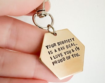 Sobriety gift key chain | stamped brass keychain | tassel key ring | inspirational gift | team gift | gold | proud of you