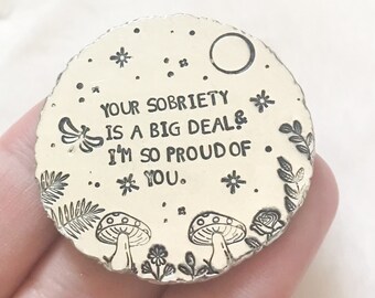 Sobriety chip | sobriety gift | sobriety token | hand stamped gift | addiction recovery | floral | flower design