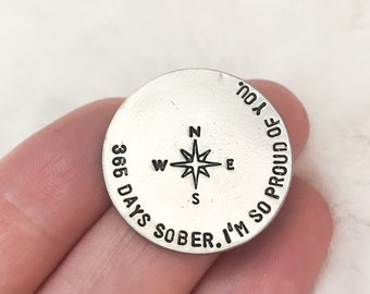 Sobriety chip | sobriety gift | sobriety token | hand stamped | addiction recovery | 365 days | recovery gift chip token | compass