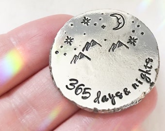 Sobriety chip | sobriety gift | sobriety token | hand stamped gift | addiction recovery | one year | 365 days | mountain design
