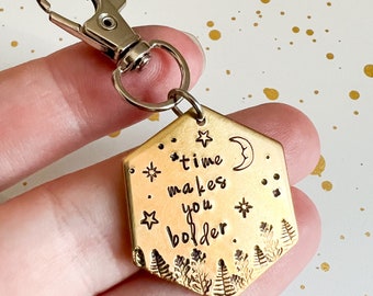 Time makes you bolder key chain | stamped brass keychain | tassel key ring | inspirational gift | team gift | gold | floral