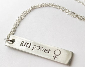 Girl power necklace | hand stamped vertical bar necklace | personalized jewelry | girl power | feminism | feminist jewelry | gift for her