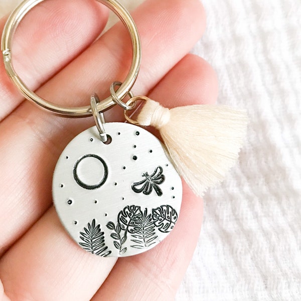 Full moon dragonfly keychain | tassel key ring | inspirational gift | hand stamped | team gift | group gifts | boho