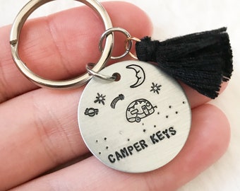 Camper keys keychain | tassel key ring | inspirational gift | hand stamped | wanderlust gift | group gifts | personalized gift | camping |