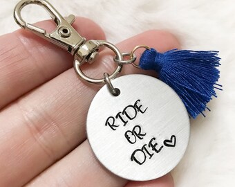 Ride or die keychain | tassel keychain | hand stamped | personalized gift | BFF gift | friendship