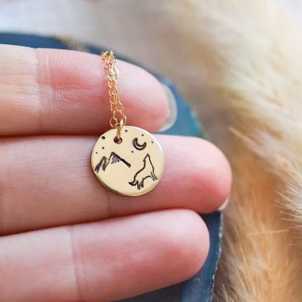 Wolf necklace | custom circle disc necklace | hand stamped | celestial | gift for her | Luna necklace | howling at the moon