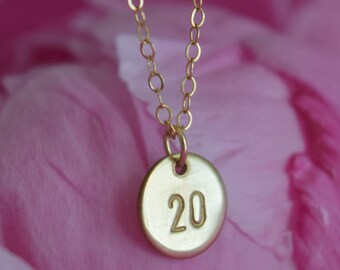 lucky number necklace | hand stamped | 14k gold filled chain | gold disc necklace | christmas gift | gift for her | gift under 30