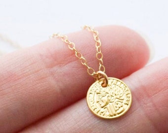 Greek coin necklace | gold disc necklace | hand stamped | textured disc necklace | gift for her | gift under 30 | good luck necklace
