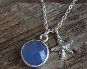 natural blue chalcedony | sterling starfish necklace | beach themed jewelry | ocean blue | star fish | birthday gift | gemstone necklace