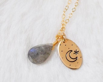 Crescent moon necklace | custom necklace | hand stamped | celestial | gift for her | gift under 30 | labradorite jewelry | 14k gold filled
