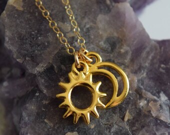 sun and moon necklace | gold sun | gold crescent moon | celestial jewelry | birthday gift | gift for her | gift under 35 | minimalist | boho