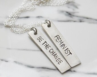 feminist necklace | hand stamped vertical bar necklace | personalized jewelry | girl power | feminism | feminist jewelry | gift for her