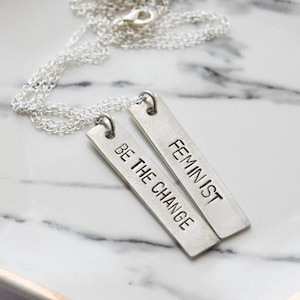 feminist necklace | hand stamped vertical bar necklace | personalized jewelry | girl power | feminism | feminist jewelry | gift for her