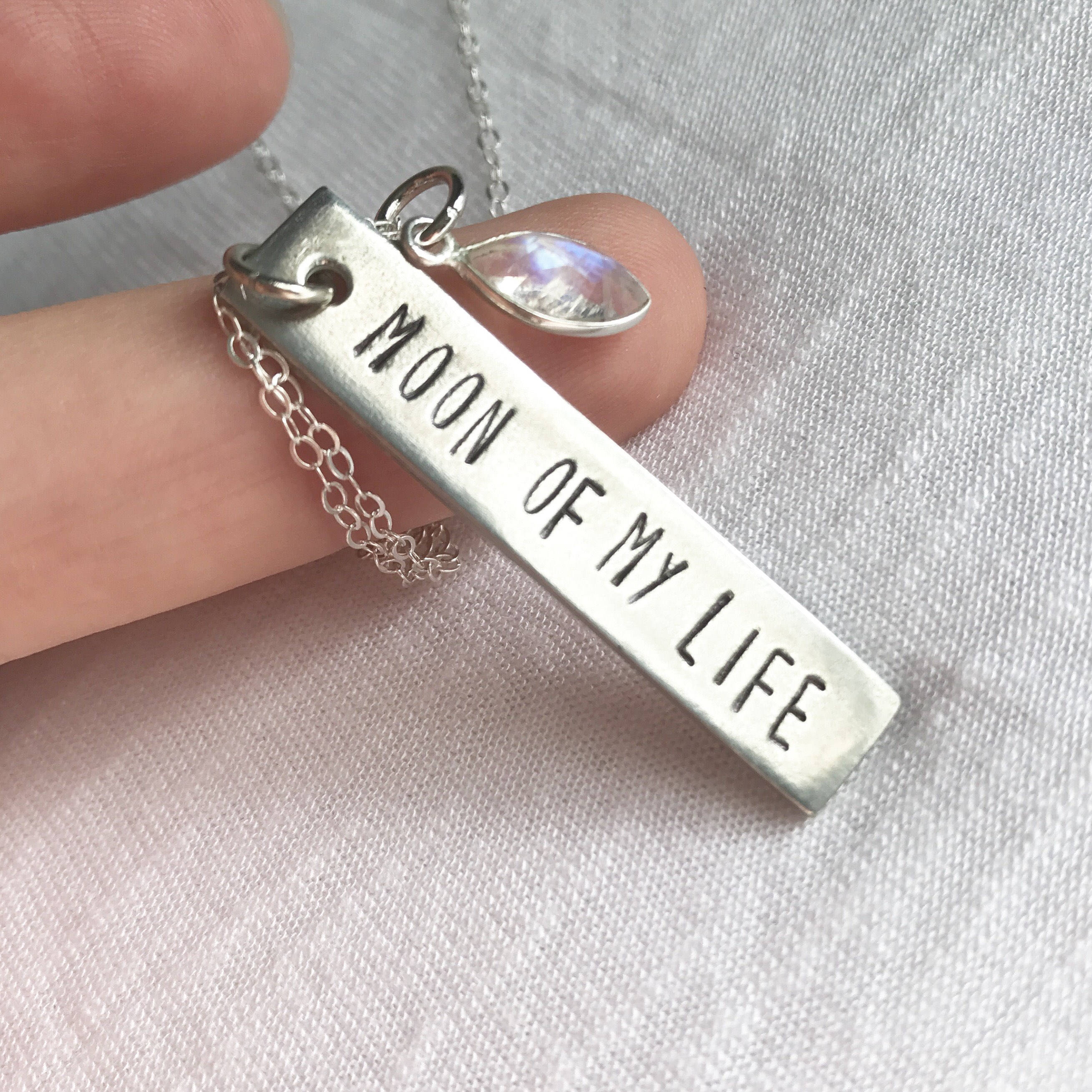 Moon of My Life Necklace Rainbow Moonstone Hand Stamped