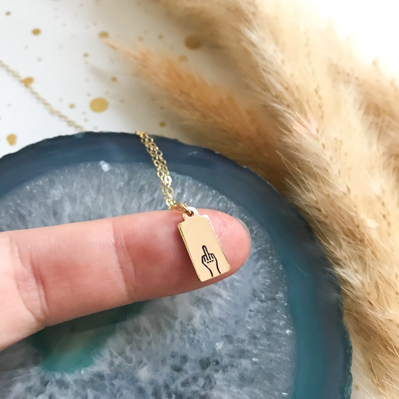 Middle finger rectangle tag necklace necklace flipping the bird necklace hand stamped gift for her gift under 30 profanity image 1