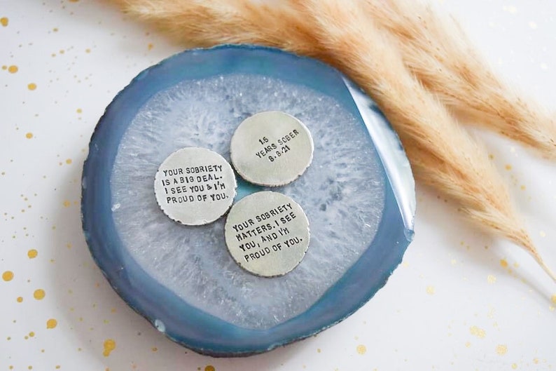 Sobriety chip sobriety gift sobriety token hand stamped your sobriety is a big deal gift addiction recovery aa na image 3