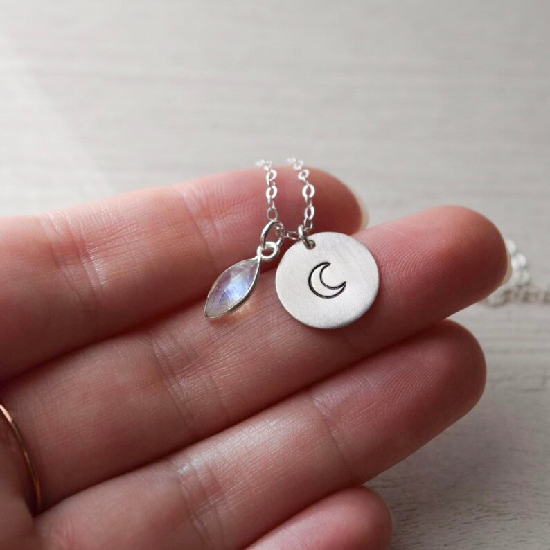 Sterling crescent moon charm necklace moonstone I love you to the moon /& back necklace friendship necklace minimalist necklace