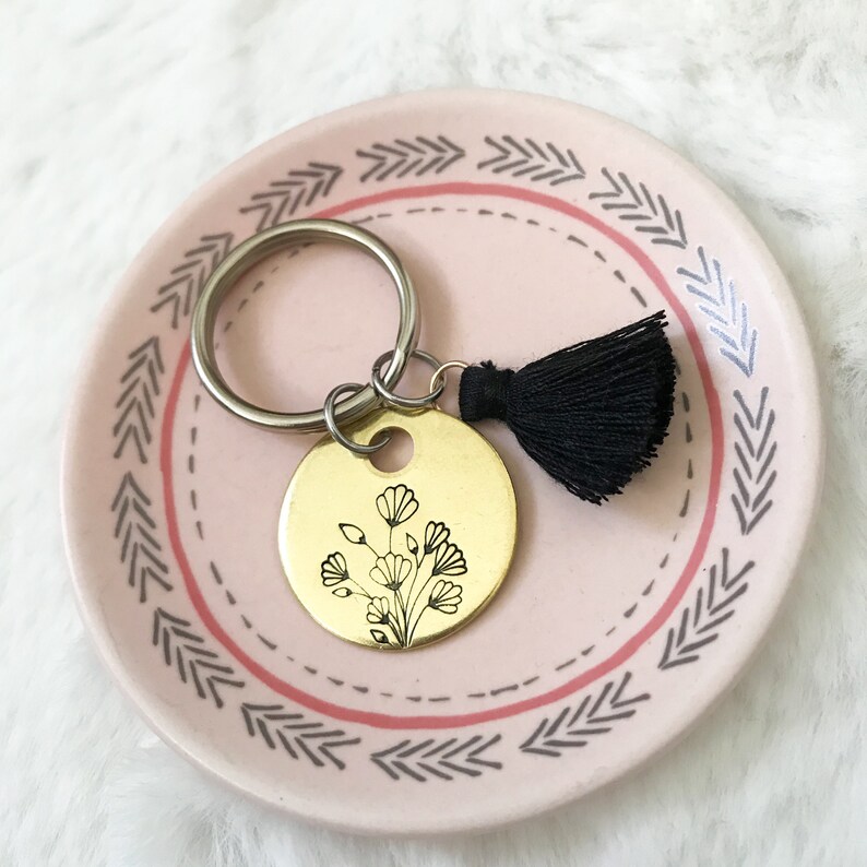 gold Hand stamped brass flower bouquet key chain tassel key ring wild flowers group gifts team gift inspirational gift