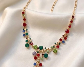 Multicolor Zircon Vine Necklace，Bohemian Floral Statement ，Boho Chic Layerable，Whimsical Fairycore ，Ornate Statement Choker， Bridal Party