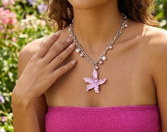 Starfish Necklace，Pearl Starfish Necklace，Coastal Charm Necklace，Boho Ocean Necklace，Mermaidcore Necklace，Beach Wedding Jewelry，Gift For her