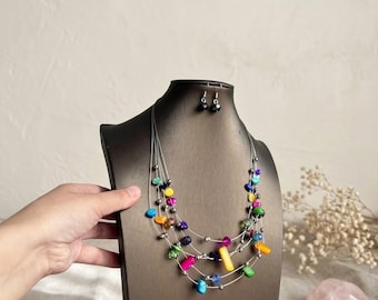 Layered Colorful Stone Necklace,Vibrant Beaded Collar Necklace,Bohemian Festival Layered Necklace,Multicolor Gemstone Layered Necklace