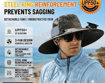 Solar Powered Fan Hat,UPF50+ Cooling Hat,Outdoor Work Fan Cap,USB & Solar Rechargeable Hat,Hiking Camping Fan Hat,Portable Air Conditioning