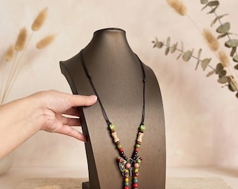 Bohemian Butterfly Pendant Necklace,Vintage Ethnic Beaded Necklace,Wooden Beaded Long Pendant Necklace,Boho Ethnic Long Drop Necklace
