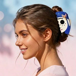 May include: A blue and white hair claw clip featuring a cartoon face design. The clip is attached to a person's hair, which is styled in a bun. The background is a soft blend of blue and pink.