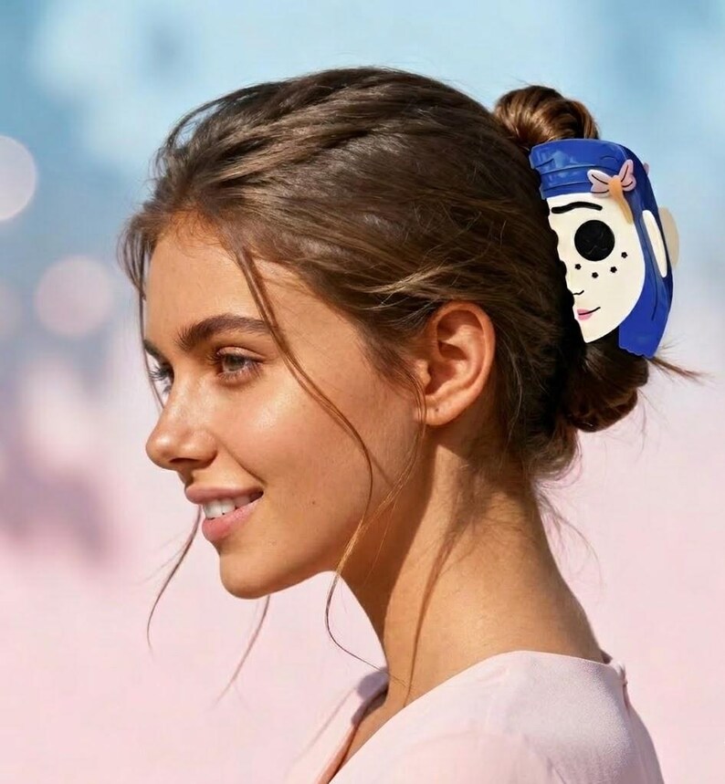 May include: A blue and white hair claw clip featuring a cartoon face design. The clip is attached to a person's hair, which is styled in a bun. The background is a soft blend of blue and pink.