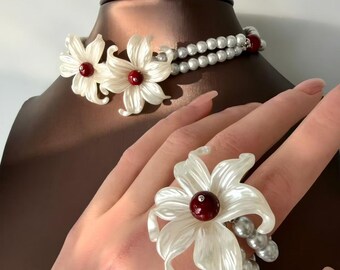 Floral Pearl Choker Necklace，Double Strand Pearl Flower，Vintage Lily Pearl Choker，Retro White Flower Statement，Bridal Pearl Floral Collar