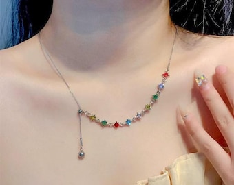 Rainbow Crystal Adjustable Necklace，Colorful Zircon Choker Necklace，Pride Rainbow Choker Necklace，Adjustable Slider Chain，Vibrant Colorful