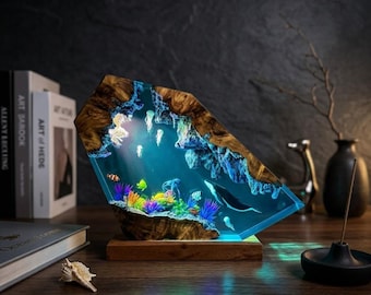 Dolphin Resin Night Light，Ocean Epoxy Resin Lamp，RGB Color Changing Night Light，Wood Base Resin Table Lamp，Handmade Ocean Diorama Lamp，