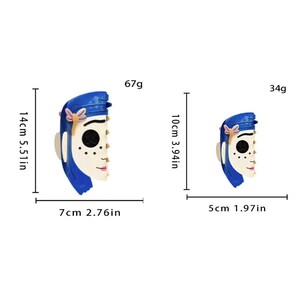 May include: Two resin face masks, one measuring 5.51 inches tall and 2.76 inches wide, the other 3.94 inches tall and 1.97 inches wide. Both masks feature a blue cap, black eyes, and a pale complexion.