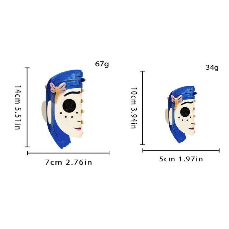 May include: Two resin face masks, one measuring 5.51 inches tall and 2.76 inches wide, the other 3.94 inches tall and 1.97 inches wide. Both masks feature a blue cap, black eyes, and a pale complexion.