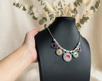 Bohemian Statement Necklace，Colorful Ethnic Tribal ，Multicolor Enamel Charm，Festival Style Layered，Retro Hippie Vibe，Vintage Tribal ，gift