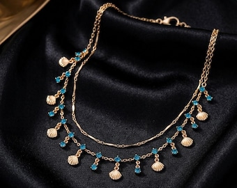 Seashell Charm Necklace，Blue Zircon Drop Necklace，Gold Plated Double Layer Necklace，Summer Beach Wedding Jewelry，Layered Choker for Women