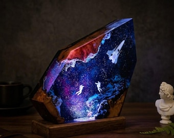 Space Resin Night Light，Galaxy Epoxy Resin Lamp，RGB Color Changing Night Light，Wood Base Resin Table Lamp，Bedroom Aesthetic Resin Lamp