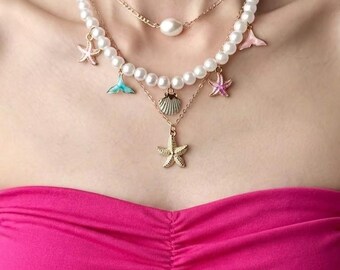 Mermaid Necklace，Ocean Themed ，Starfish Necklace，Layered Necklace，Coastal Cowgirl Jewelry，Aesthetic Necklace，Preppy Necklace，Gift For Her