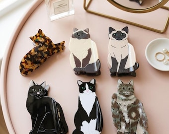 Cat Acetate Hair Claw Clip，Tuxedo Cat Hair Clip，Siamese Cat ，Ragdoll Cat，Black Cat，Cat Lover Hair Accessory，Gift for CatLover Hair Accessory