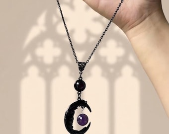 Gothic Amethyst Moon Necklace，Dark Academia Moon Jewelry，Punk Black Moon Crystal Necklace，Goth Girl Purple Moon Necklace，Grunge Style Moon