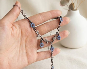 Blue Floral Vine Necklace，Dark Vintage Flower Necklace，Gothic Floral Choker Necklace，Antique Silver Tone Flower，Romantic Floral Vine Wedding