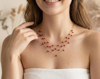 Red Beaded Layered Choker,Red Crystal Layered Necklace,Minimalist Red Gold ,Red Aesthetic Jewelry,Wedding Guest Necklace,Gift For Her