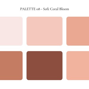 K&ouml;nnte beinhalten: Eine Farbpalette mit dem Titel "PALETTE 08 - Soft Coral Bloom" mit sechs rechteckigen Bl&ouml;cken. Die Bl&ouml;cke zeigen Farbt&ouml;ne von Rosa, Koralle und Braun. Die Farben reichen von hellem Rouge bis zu tiefem Braun.